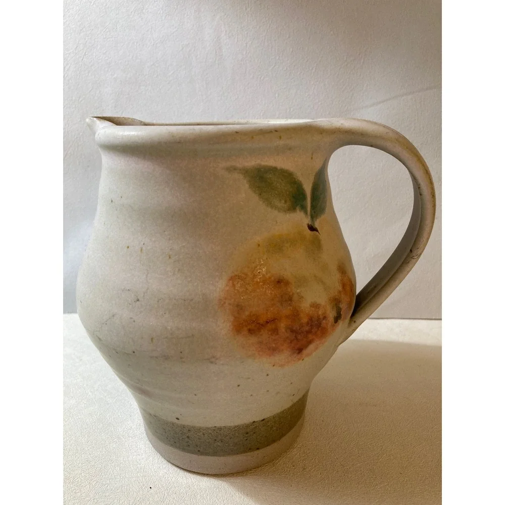 Vintage Studio Pottery Pitcher Hand Painted Peach Fruit Stoneware Creamer 5.5in